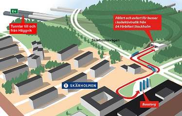 En animerad bild på flera hus, skog och vägar. På en blå skylt står det Skärholmen.