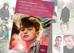 Bildcollage av bilder från Mostphotos i bakgrunden. Omslaget till slutrapporten "Stödja aktörer som arbetar med unga som varken arbetar eller studerar" i förgrunden.