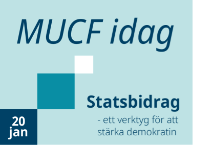 grafik i blå nyanser med texten MUCF idag: Statsbidrag - ett verktyg för att stärka demokration