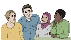 Illustration med fyra personer som står och pratar. Hämtad från webbutbildningen Rätt att veta!