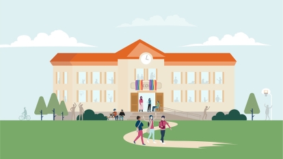 Illustration av en skolbyggnad med studenter och lärare utanför. Pride-flaggor hänger från fönster