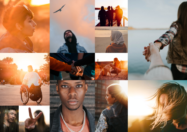 Collage av människor i olika situationer som representerar mångfald och gemenskap.