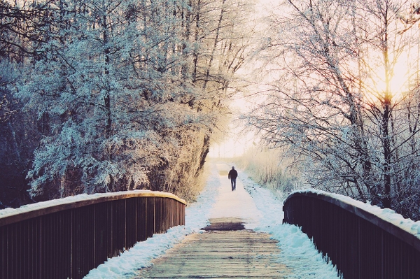 Person vandrar på en snötäckt bro med frostiga träd och ett mjukt solljus i bakgrunden.