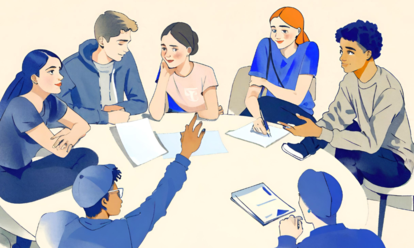 Illustration av en grupp unga människor som sitter och diskuterar kring papper och digitala enheter.