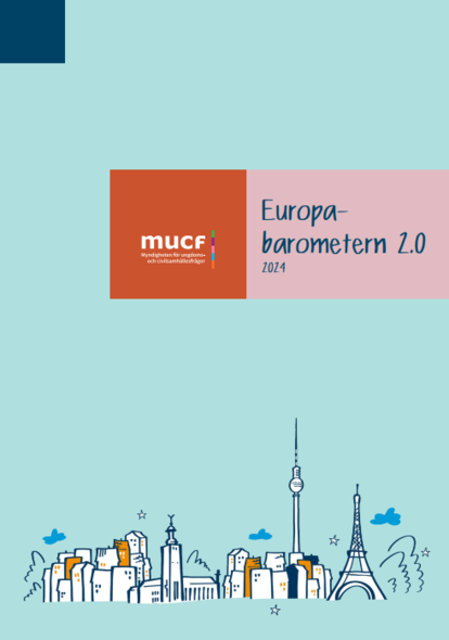 Illustration av publikationen Europabarometern 2.0 med europeiska stadssilhuetter och texten "Europa-barometern 2.0 2024".