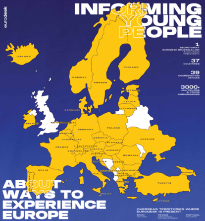 Grafisk bild av Europa med markerade länder och informativ text om ungdomar och Europa.