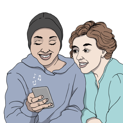 Illustration föreställande två personer som ler och tittar på en smartphone tillsammans.