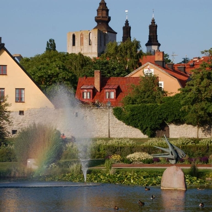 Vy över Visby med damm framför gamla historiska byggnader och kyrktorn. Foto: JAGEN51/Mostphotos.com