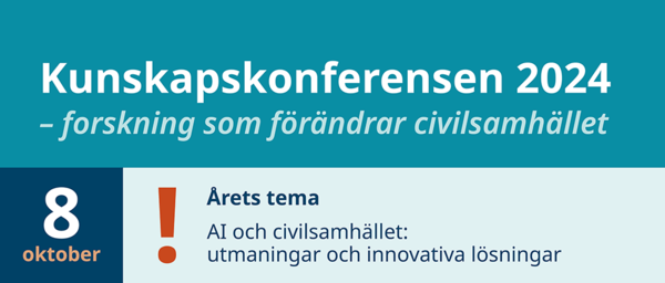 Informationsbanner för Kunskapskonferensen 2024 med temat AI och civilsamhällets utmaningar, datum 8 oktober.