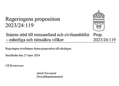 Dokument med titeln "Regeringens proposition 2023/24:119 om statens stöd till trossamfund och civilsamhället, enhetliga och rättssäkra villkor".