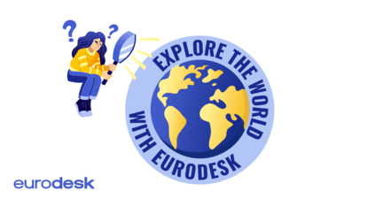 Illustration av en person som tittar med förstoringsglas på en jordglob med texten "Explore the world with Eurodesk".