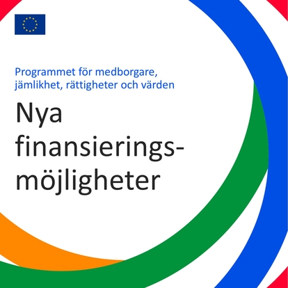 Grafik med texten "Nya finansieringsmöjligheter" och EU-symbolen, omgiven av färgade ringar i blått, vitt och grönt. Källa: EU-kommissionen