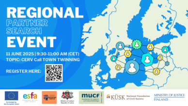 Informativ illustration för ett regionalt partnersökningsevenemang med Europakarta och detaljer om anmälan. Källa: CERV:s nationella kontaktkontor
