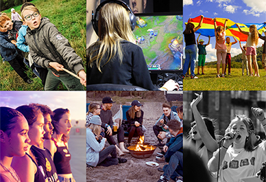 Kollage av människor i olika åldrar i sociala aktiviteter, inklusive en spelkväll, en strandutflykt och ett firande med flaggor.