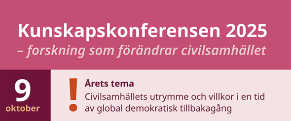 Informationsbanner för Kunskapskonferensen 2025, med tema om civilsamhällets utrymme den 9 oktober.