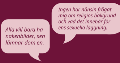 Bild med pratbubblor med citat från unga med anknytning till digitalt sexuellt våld och religion och begränsande normer.