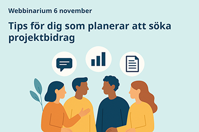 Illustration av fyra personer som diskuterar, med ikoner för chatt, diagram och dokument ovanför.