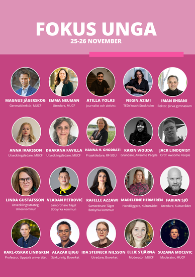 Affisch för evenemanget "Fokus Unga" med porträtt av talare och datum.