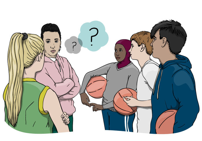 Illustration av ungdomar som diskuterar tillsammans med vuxen. 