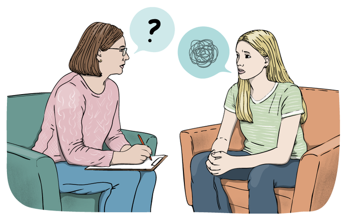 Illustration av vuxen som samtalar med ung person.