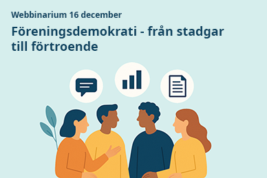 Illustration av fyra personer i diskussion, symboler för kommunikation och dokumentation, text om webbinarium 16 december.