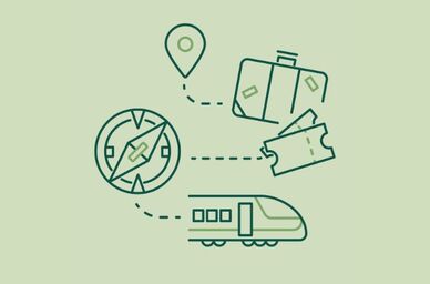 Illustration av resesymboler inklusive ett tåg, kompass, biljetter och en resväska. Källa: MUCF