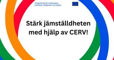 Färgrik illustration med texten "Stärk jämställdheten med hjälp av CERV!" Källa: EU-kommissionen