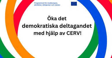 Färgglada ringar runt texten "Öka det demokratiska deltagandet med hjälp av CERV". Källa: EU-kommissionen
