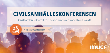 Bild av publikhav framför scen med färgstarka ljus och texten "Civilsamhälleskonferensen" och datumet 28 maj