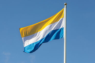 Tornedalska flagga vajande mot molnig himmel. Foto: Susanne Kronholm