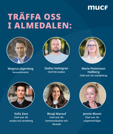 Porträtt av sex personer från MUCF med rubriken "Träffa oss i Almedalen"