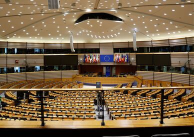Interiör av plenisal med rader av tomma säten och EU-flagga vid talarstolen. Foto: Pexels.com/Johan Horsch
