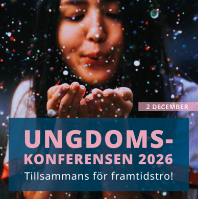 Ung person som blåser konfetti; text: Ungdomskonferensen 2026 — Tillsammans för framtidstro, 2 december