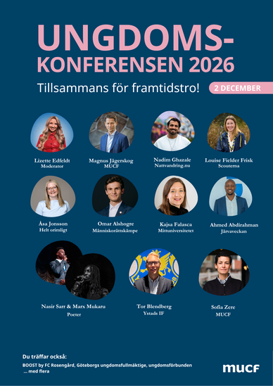 Affisch för Ungdomskonferensen 2026 med porträtt av talare och datum 2 december