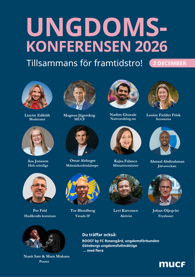Affisch för Ungdomskonferensen 2026 med porträtt av talare och datum 2 december