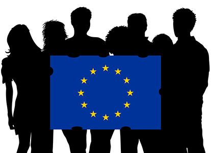 Illustrerade ungdomar med EU-flagga