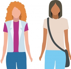 Illustration av två kvinnor. Den ena har rött hår, blå byxor, lila tröja och ljusblå väst. Den andra har mörkt hår, ljusblå byxor, beige tröja och bär en svart axelväska. Foto: Nataliia Nesterenko