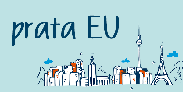 Illustration: Skyline EU med texten "prata EU", illustratör: Maja Larsson