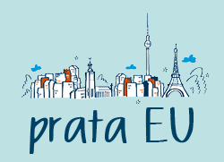 Illustration: Skyline EU med texten "prata EU", illustratör: Maja Larsson