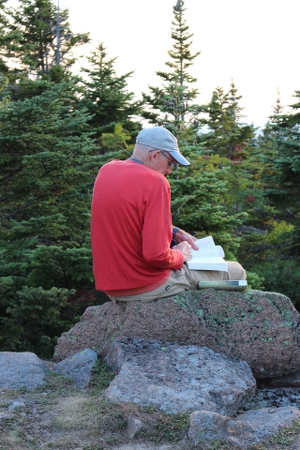 Bredvid granskog sitter en äldre man i keps sitter på en sten och läser en bok. 