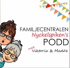 Illustration av två kvinnor med glasögon och texten Familjecentralen Nyckelspikens PODD med Viktoria & Madde.