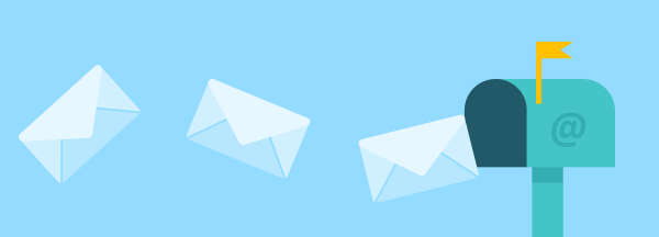 Illustration av tre vita kuvert som hänger i luften på en vågrät rad mot en brevlåda.