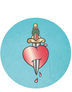 Illustration av ett rött hjärta som genomborras av en dolk. Det droppar blod från dolkens spets.