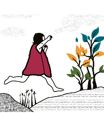 Illustration av en flicka som hoppar mellan stenar till en buske med färgglada blad.