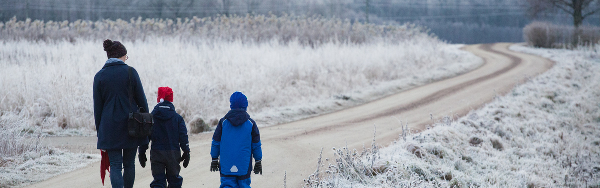 En vuxen och två barn går på en vintrig landsväg med ryggen mot kameran