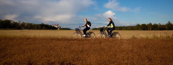 Två personer cyklar på en landsväg omgiven av ängar. I horisonten syns ett vitt slott med rött tak.