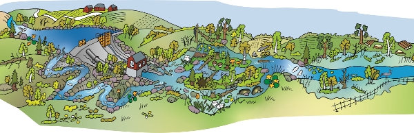Illustration av ett landskap med ett korsande vattenflöde och ett vattenkraftverk.