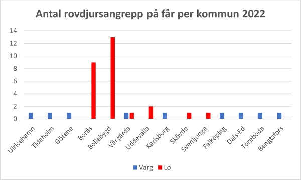 Diagram över antal rovdjursangrepp på får per kommun 2022