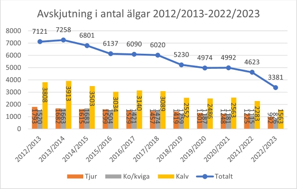 Diagram över avskjutning i antal älgar 2012-2022