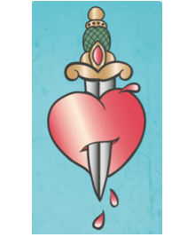 Illustration av ett hjärta genomborrad av en dolk med droppar som faller, mot en turkos bakgrund.